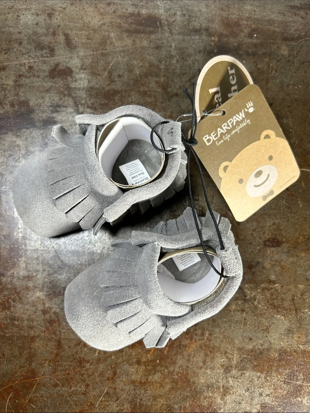 BearPaw Light Grey Fringe Suede Baby Moccasins Baby’s Size 0-6 months